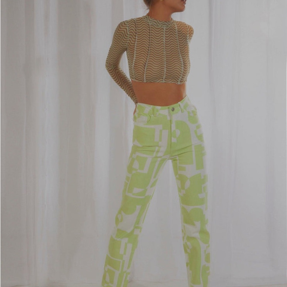 Green Patterned High-Waisted Pants